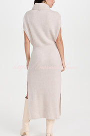 Solid Color Sleeveless Knitted Elegant Waist Midi Dress
