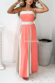 Fashion Contrast Color Sling Back Pleated Lace Up Maxi Dress