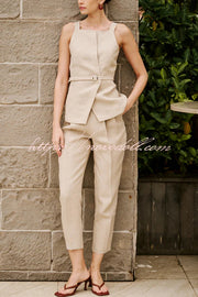 Tylah Linen Blend Square Neck Belted Vest and High Rise Pocket Loose Tapered Trousers Set