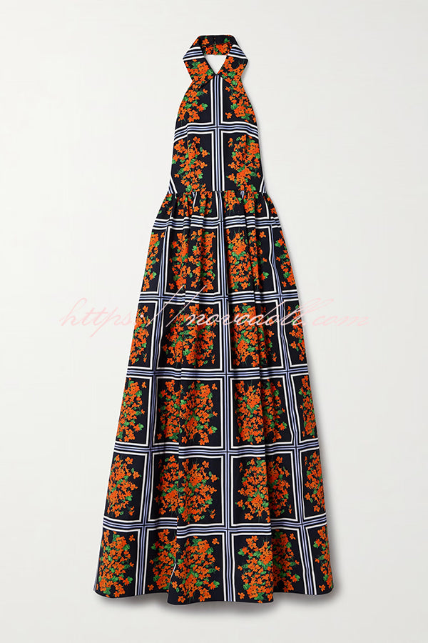 Floral Print Sexy Halter Neck Backless Elegant Maxi Dress