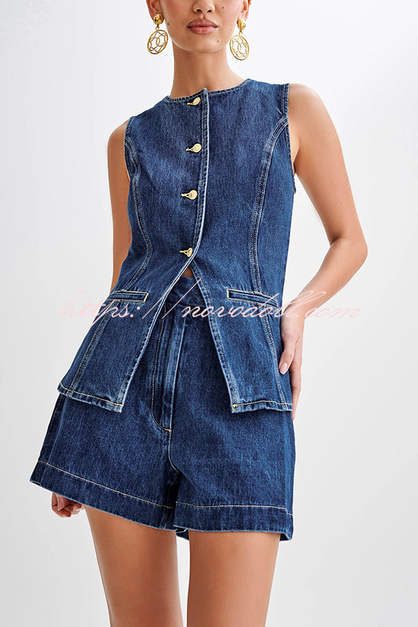 Abel Denim Button Up Princess Seams Pocket Vest Top