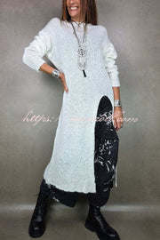 Solid Color Knitted Long-sleeved Casual Slit Midi Dress