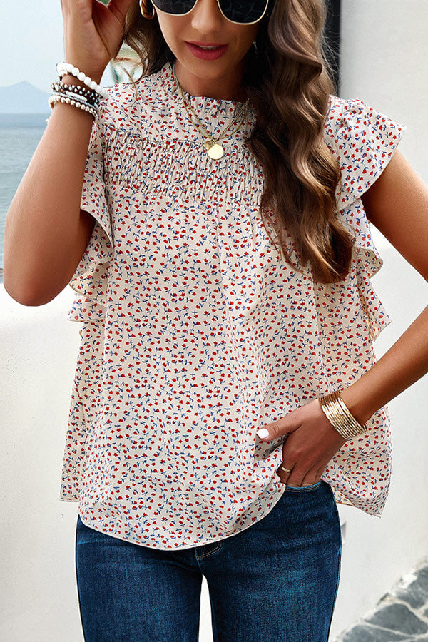 Floral Print Pleated Crew Neck Pullover Top