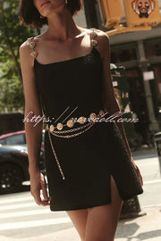 Timeless Exquisite Tweed Fabric Metal Coin Chain Detail Slip Mini Dress