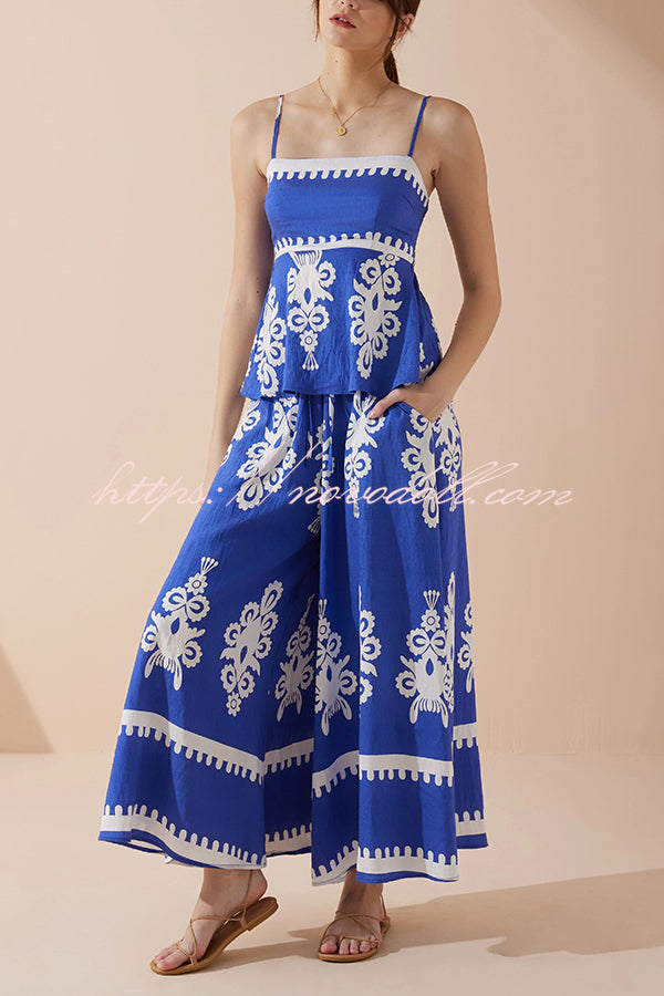 Unique Ethnic Print Suspender Pleated Top and Elastic Waist Loose Wide-leg Pants Set