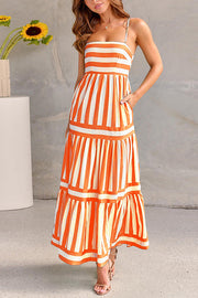 Beachy Dreams Striped Print Back Smocked Pocket A-line Slip Midi Dress