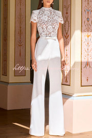 Party Charmer Flower Lace Patchwork Short Sleeve Bow Belted Flare Jumpsuit