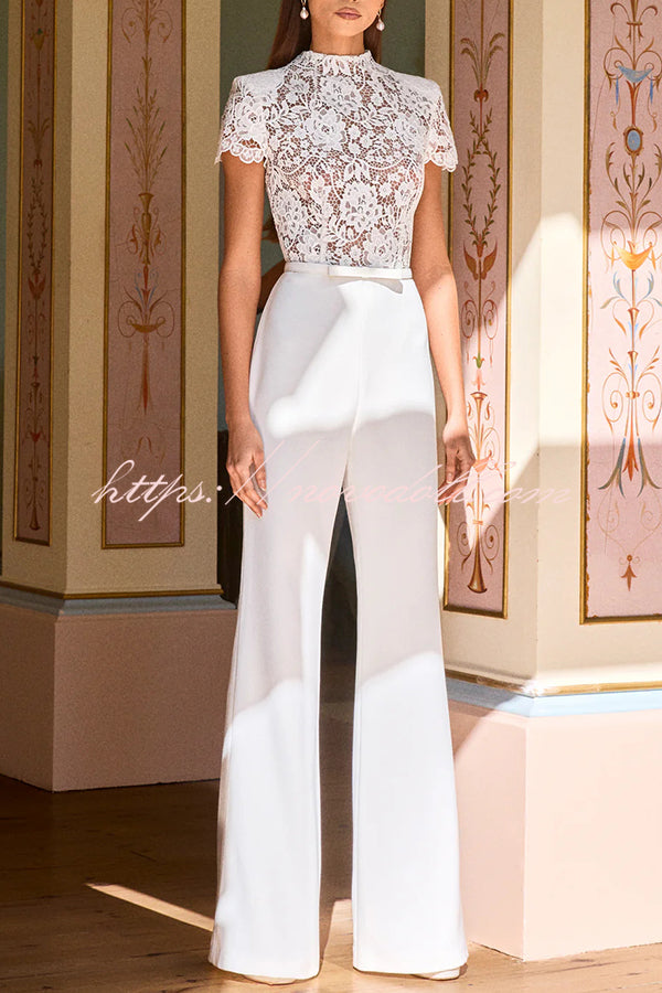 Party Charmer Flower Lace Patchwork Short Sleeve Bow Belted Flare Jumpsuit