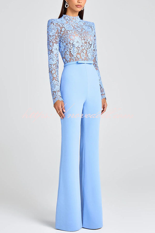 Party Charmer Flower Lace Patchwork Long Sleeve Bow Belted Flare Jumpsuit