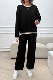 Home Casual Contrasting Color Knitted Sweater and Elastic Waist Loose Pants Set