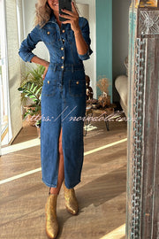 Tessy Denim Metal Button Zipper Shirt Stretch Pencil Slit Midi Dress