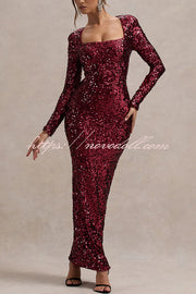 My Dream Sequin Square Neck Long Sleeves Slit Maxi Dress