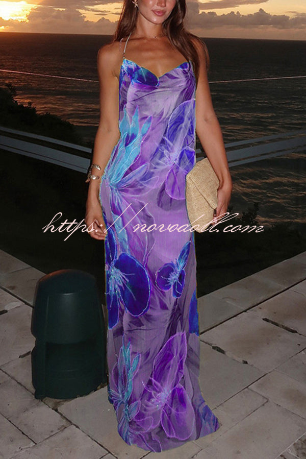 Floral Print Sexy Backless Slit See-Through Holiday Maxi Dress