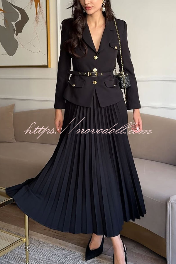 Solid Color Lapel Button Belt Blazer and Pleated Casual Maxi Skirt Set