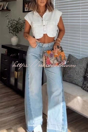 Ellison Denim Side Colorblock High Rise Pocket Wide Leg Jeans
