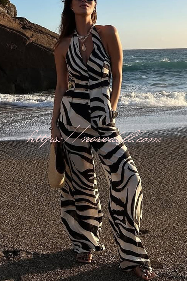 Zebra Print Halter Neck Backless Button-Down Top
