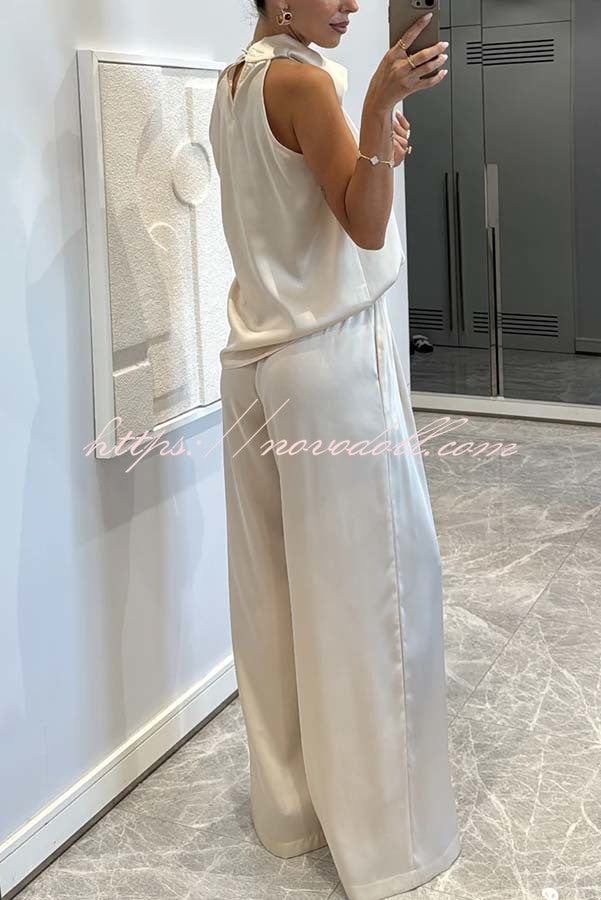 Classic on You Satin High Cowl Neck Top and Elastic Waist Pocket Loose Pants Set