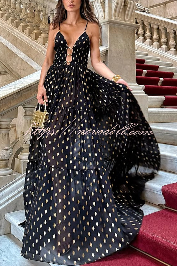 Charming View Chiffon Gold Polka Dot Print Cutout Lightweight Maxi Dress