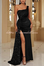 Taylor Sequin Velvet Patchwork One Shoulder Ruched Slit Prom Maxi Dress