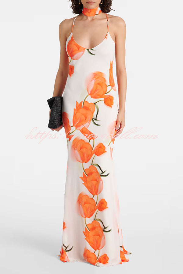 Charming Tulip Print Backless Crisscross Straps Flare Scarf Maxi Dress