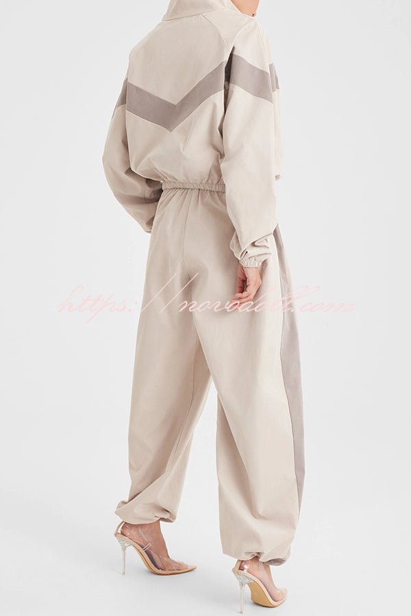Fashionable Contrasting Long-sleeved Loose Coat and Elastic Waist Wide-leg Pants Set