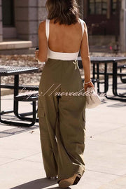 Great Week Pleated Elastic Waist Zipper Pocket Wide Leg Cargo Pants