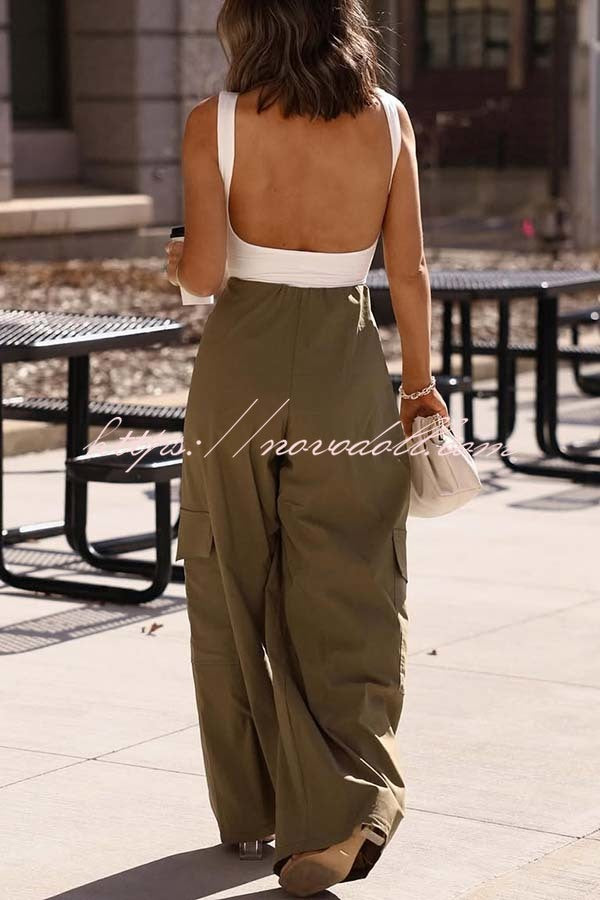 Great Week Pleated Elastic Waist Zipper Pocket Wide Leg Cargo Pants