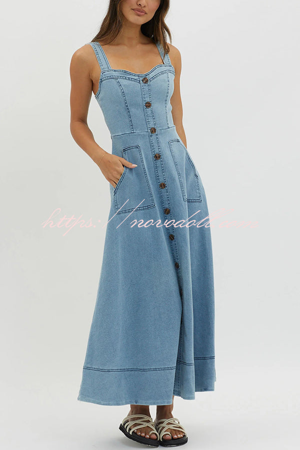 Solid Color Suspender Pocket Button Slim Denim Midi Dress