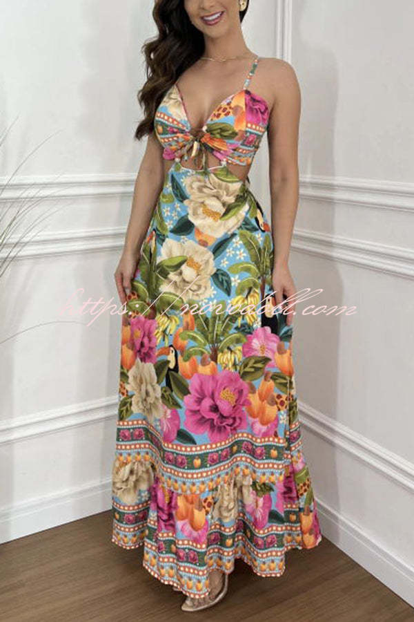 Mexico Style Tropical Print Ring Cutout Lace-up Vacation Maxi Dress