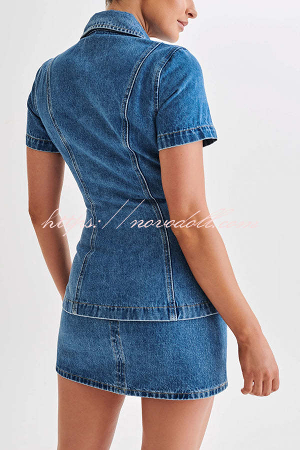 Modern Flavor Denim Short Sleeve Button Up Princess Seams Stretch Top