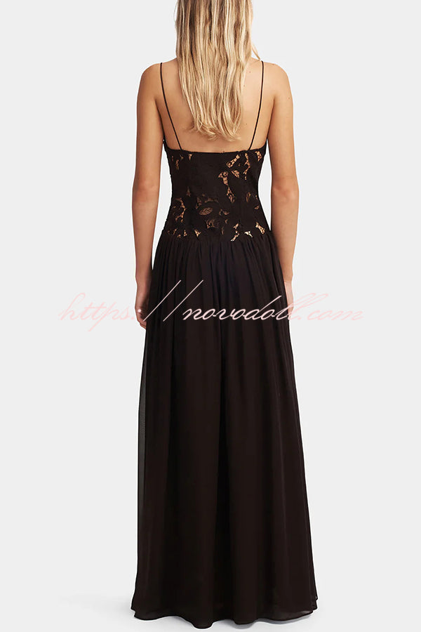 Stephanie Flower Crochet Lace Bust Chiffon Fluffy Hem Maxi Dress