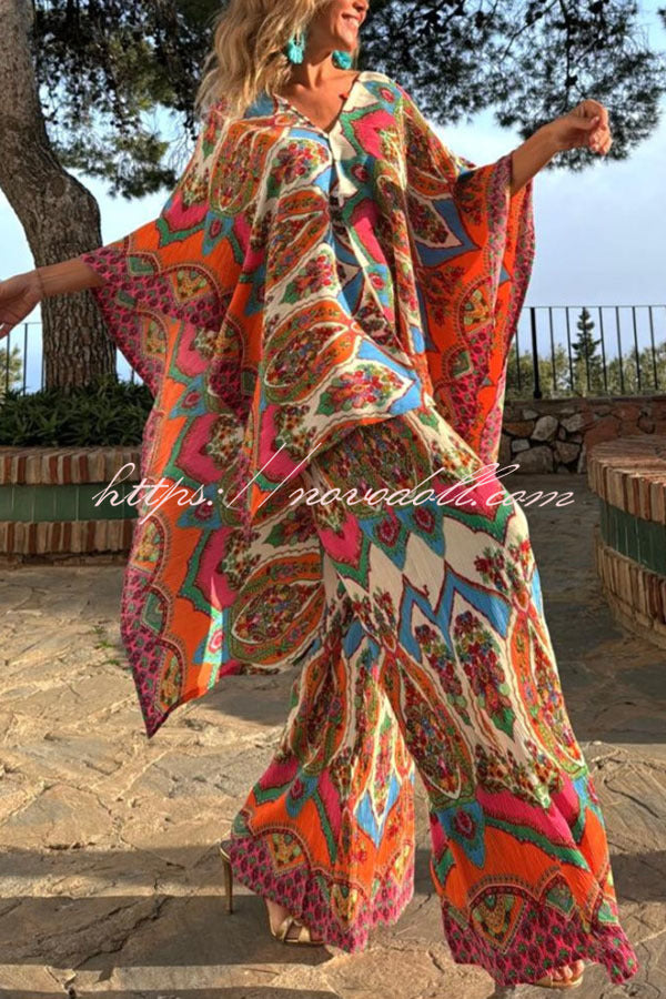 Colorful Day Unique Print Loose Cape and Elastic Waist Pocketed Pants Set