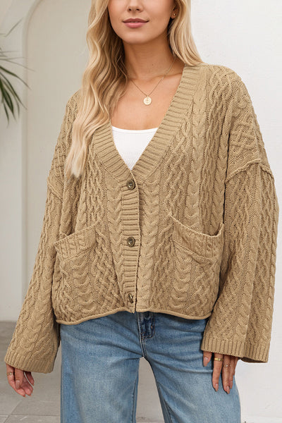 Solid Color Loose V-neck Long-sleeved Casual Pocket Knitted Cardigan