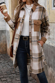 Retro Plaid Casual Long-sleeved Pocket Mid-length Coat