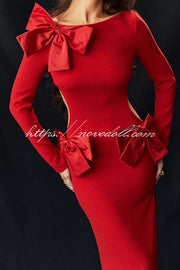 Lovely Bow Cutout Button Back Zipper Long Sleeve Maxi Dress