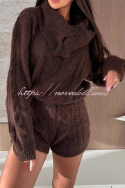 Diviano Cabble Knit Button Scarf Long Sleeve Sweater and Stretch Mini Shorts Set（3 Pieces）