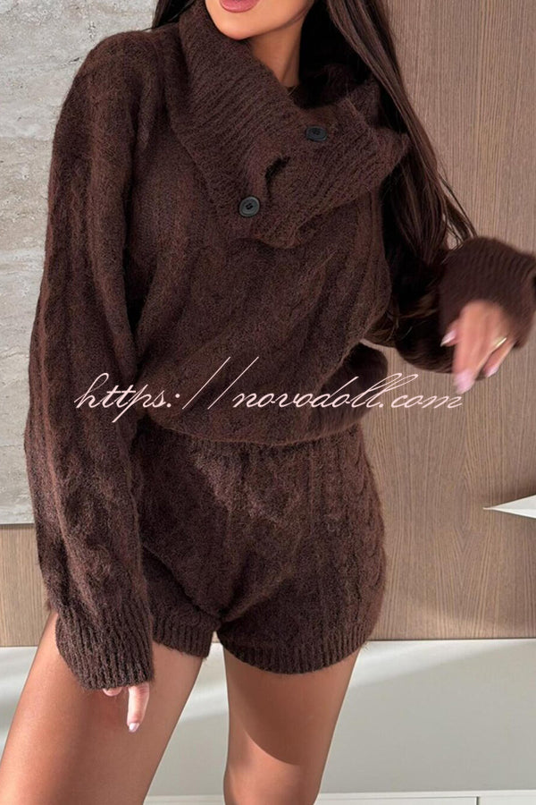 Diviano Cabble Knit Button Scarf Long Sleeve Sweater and Stretch Mini Shorts Set（3 Pieces）
