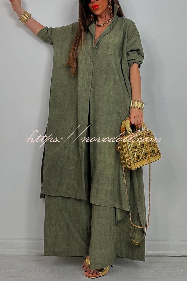 Solid Color Casual Loose Long Shirt and Elastic Waist Pocket Wide Leg Pants Set