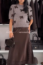 Jensin Knit Satin Bow Detail Short Sleeve Crop Sweater