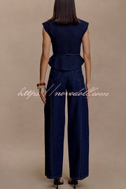 Charley Denim Button Up Cap Short Sleeve Structured Tie-up Lapel Top