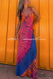 La Bamba Tie-dye Print Back Lace-up Stretch Maxi Dress