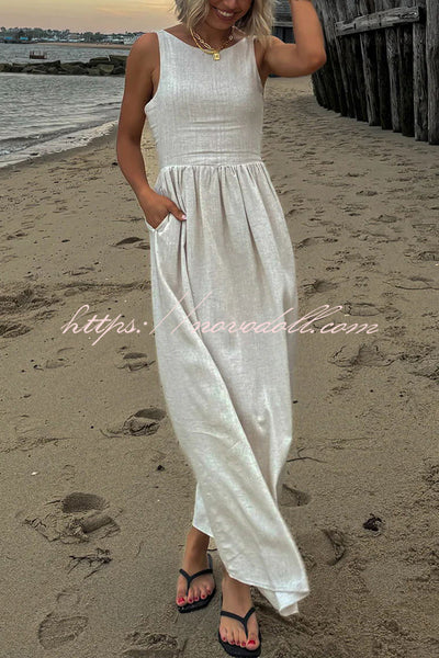 Relaxed and Comfortable Linen Blend Boat Neck Pocketed Loose Maxi Dress