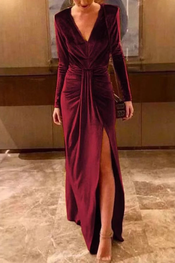 Solid Color Velvet V-neck Long Sleeve Elegant Slit Maxi Dress