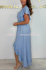 Resort Style V-neck Ruffle Sleeves Waist Tie Irregular Midi Dress