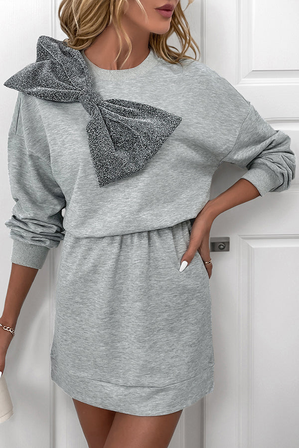 Solid Color Shiny Bow Casual Long Sleeve Sweatshirt Mini Dress
