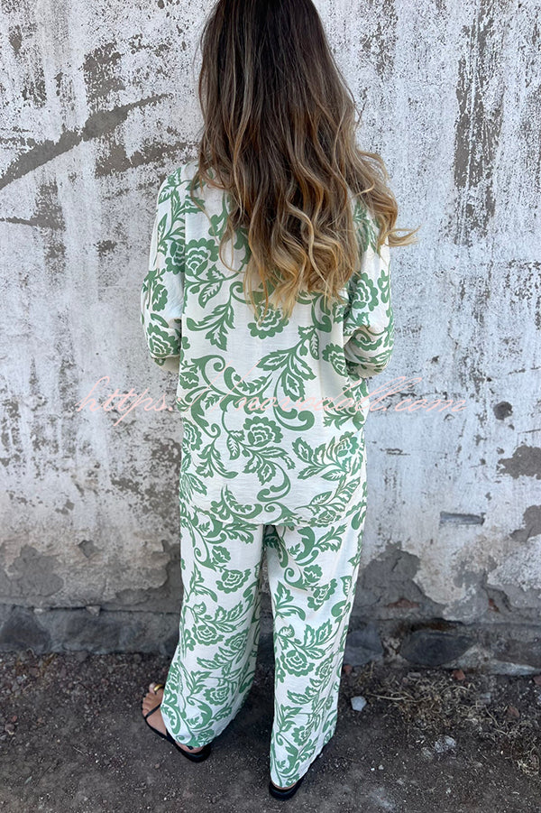 Linen Blend Unique Print Long Sleeve Loose Shirt and Elastic Waist Tie Pocket Pants Set