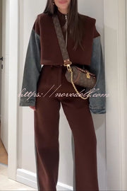 Sports Fashion Denim Patchwork Sweatshirt Fabric High Rise Pocket Loose Pants