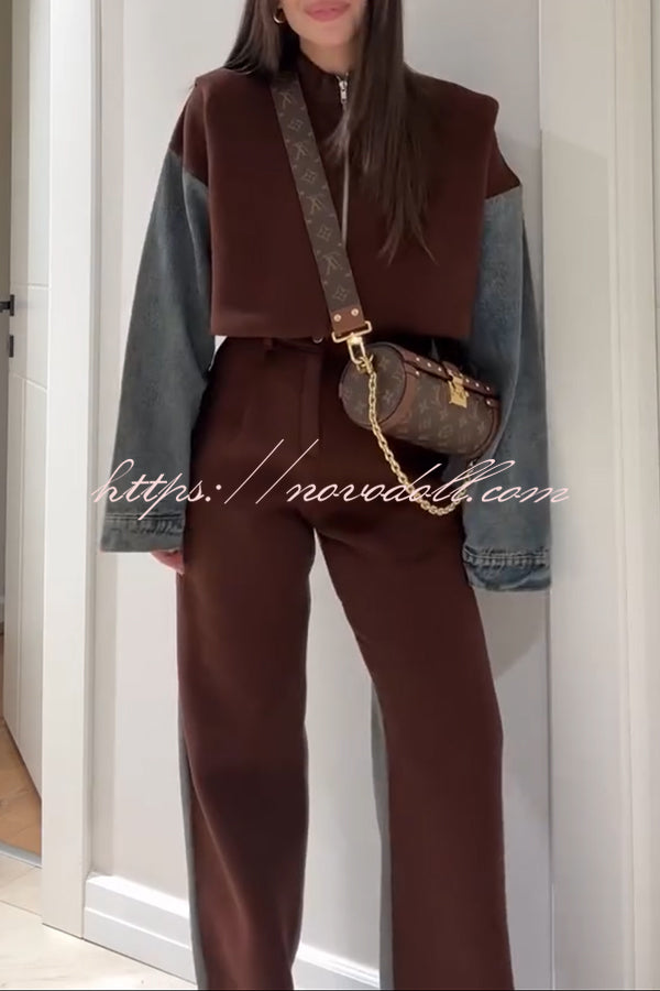 Sports Fashion Denim Patchwork Sweatshirt Fabric High Rise Pocket Loose Pants