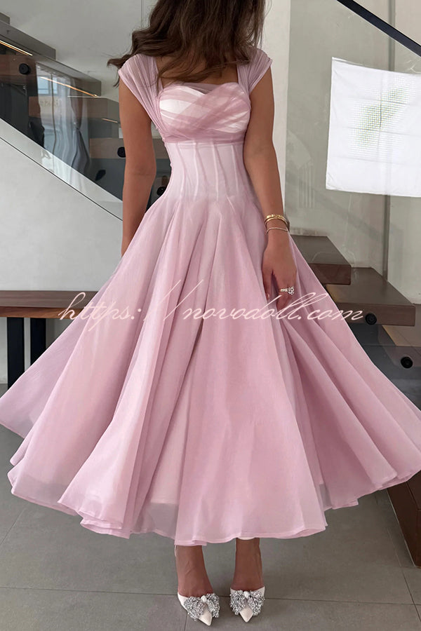 Elegant Sleeveless Waist-cinching Tulle Full-hem Maxi Dress