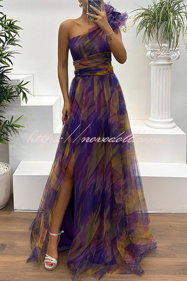 Charming Embrace Tulle Floral Pleated One Shoulder Slit Maxi Dress